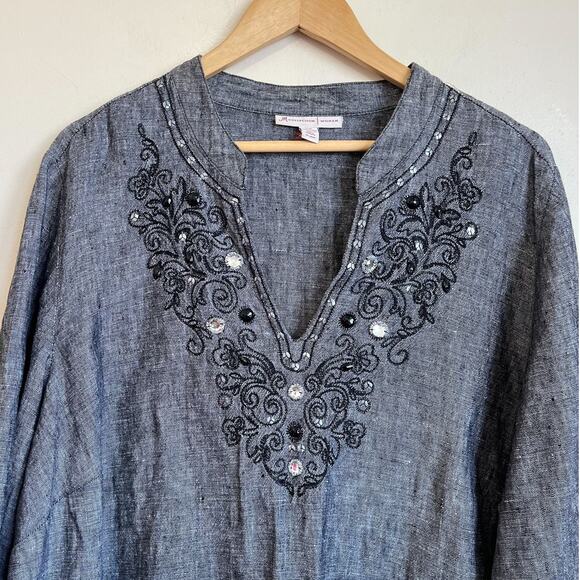Lagenlook Boho Linen Women Shirt Size 22W Gray Artsy Boxy Embroidered Coastal - Picture 3 of 7